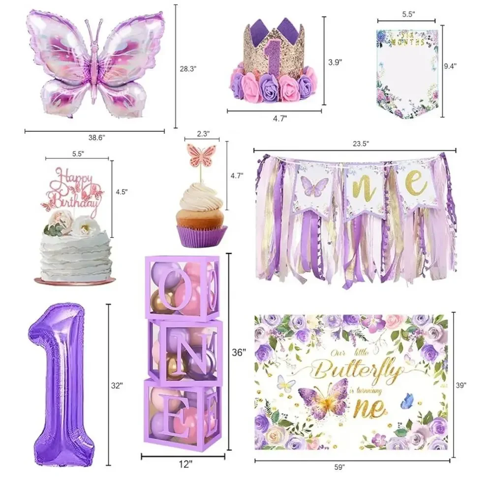 Butterfly First Birthday Décor Pink Purple Boxes Backdrop Arch